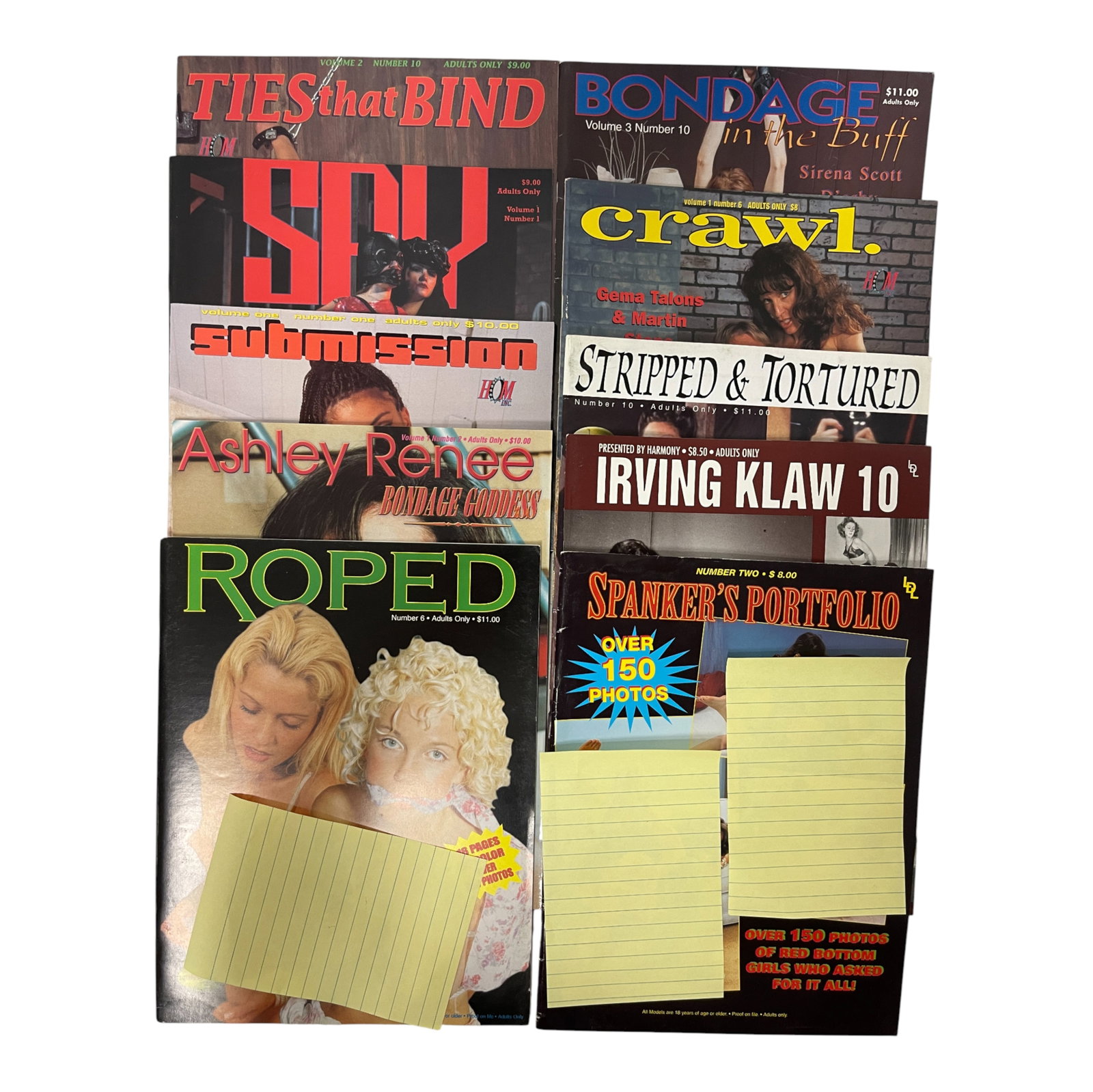 Adult Collector Magazine Lot 1980s: Large lot of adult collector magazines featuring multiple vintage titles including 'Roped', 'Ties That Bind', and 'Bad Slaves'. These 1980s?early 1990s issues highlight the distinctive aesthetics and 