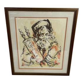 Framed Judaic Lithograph Bearded Man with Torah Scroll