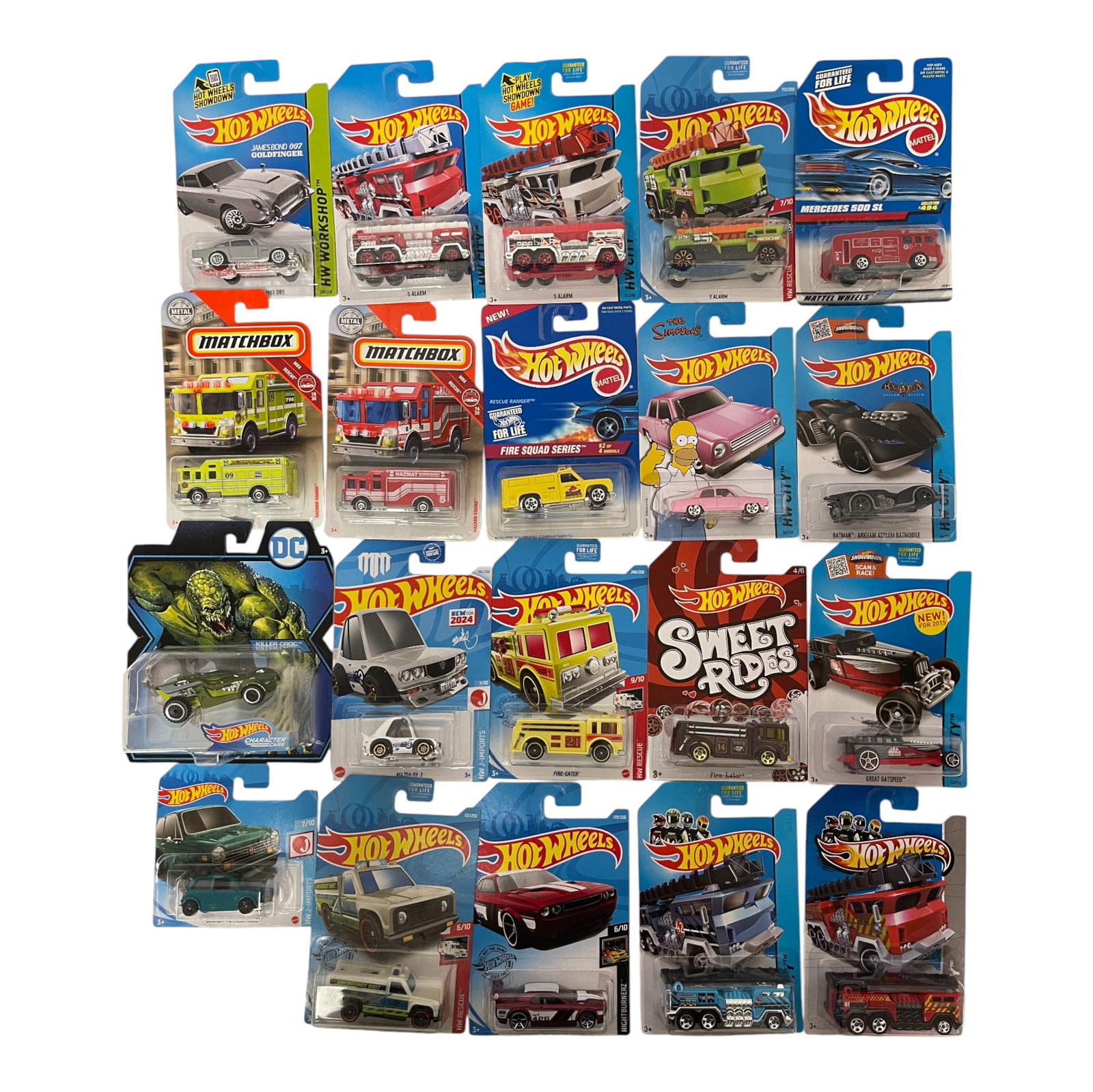 Hot Wheels & Matchbox Fire Squad Collection: Assorted Hot Wheels and Matchbox vehicles, mostly fire trucks and emergency vehicles. Includes Fire Squad series, Mercedes Benz 500 SL, Simpsons family car, Batman Batmobile, and others. Approx. 20 pi