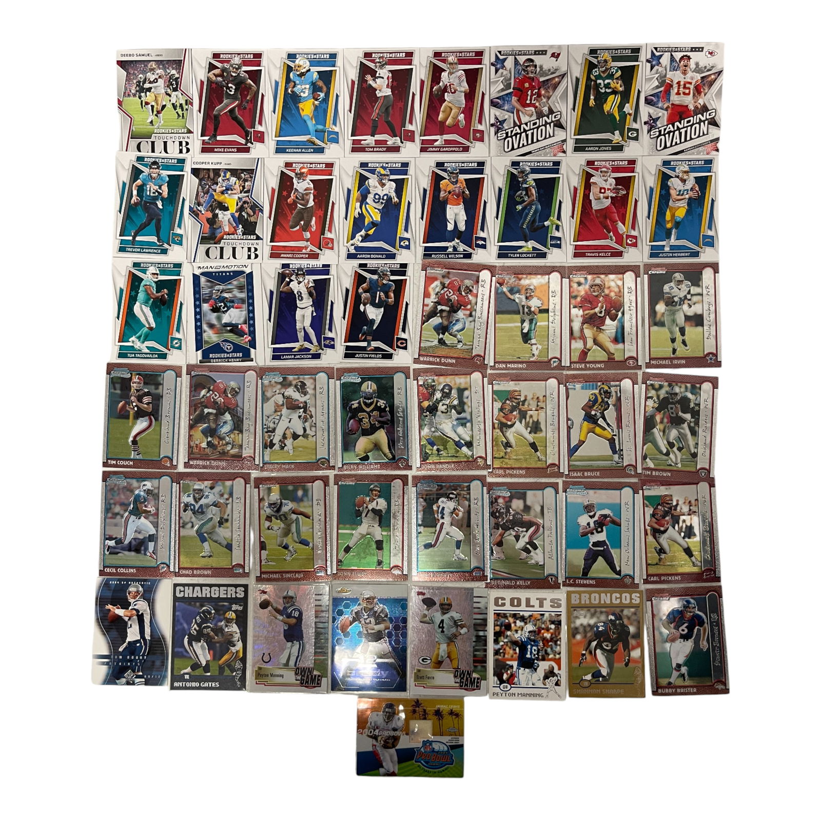 NFL Football Cards Collection with Stars: Assorted NFL football cards including Antonio Gates, Dan Marino, Steve Young, Peyton Manning, Jake Plummer, and others. Approx. 40+ cards total.