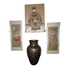 Asian Scroll Paintings & Bronze Floral Vase