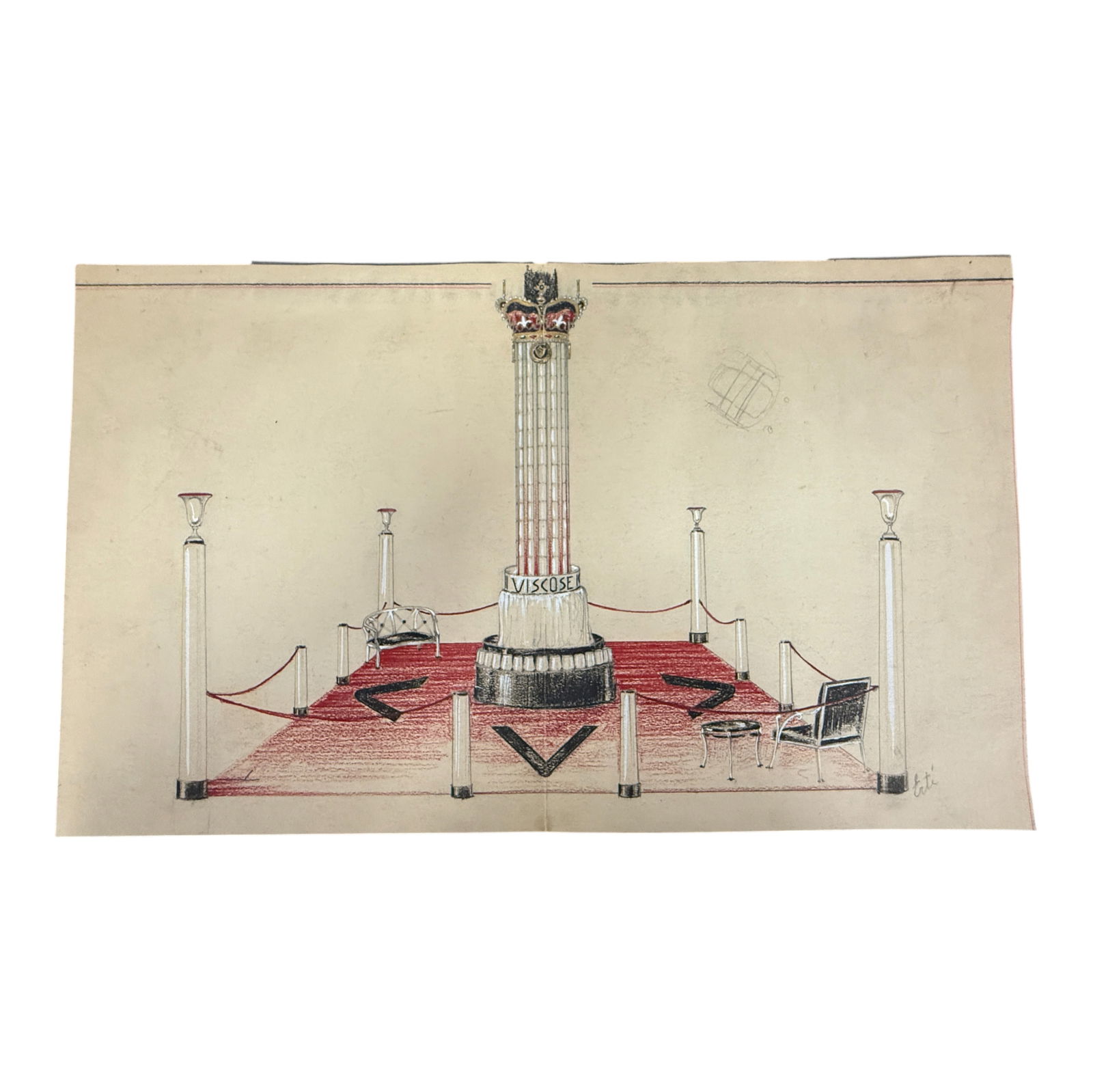 Art Deco Architectural Concept Drawing by Erte: Original architectural concept sketch rendered in pencil and colored ink. Titled 'Viscose,' the drawing showcases Art Deco design elements with period lighting and layout detail. A unique industrial d