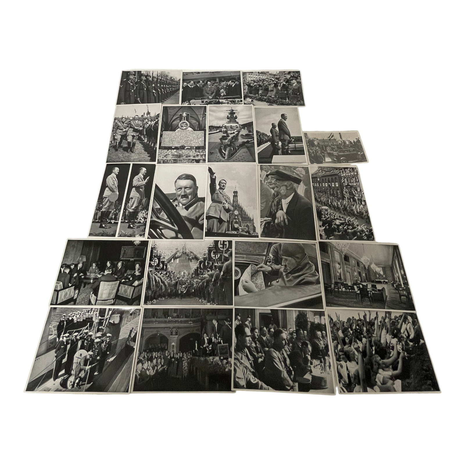 WWII German Historical Photo Collection: Collection of vintage black-and-white photographs from the WWII era showing key historical scenes and events from mid-20th century Europe. Includes parades, leadership portraits, and political gatheri