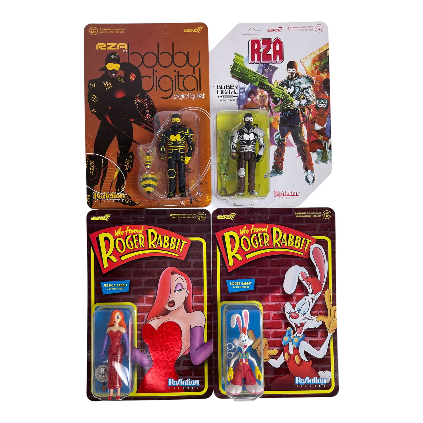 RZA and Roger Rabbit Action Figures Lot: Lot of four collectible ReAction figures including RZA Bobby Digital and Who Framed Roger Rabbit characters Jessica and Roger Rabbit. All new in original packaging. Great for collectors of pop culture