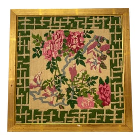 Framed Floral Needlepoint Textile Art