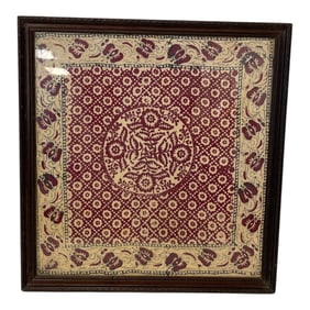Framed Red and Cream Patterned Textile Art