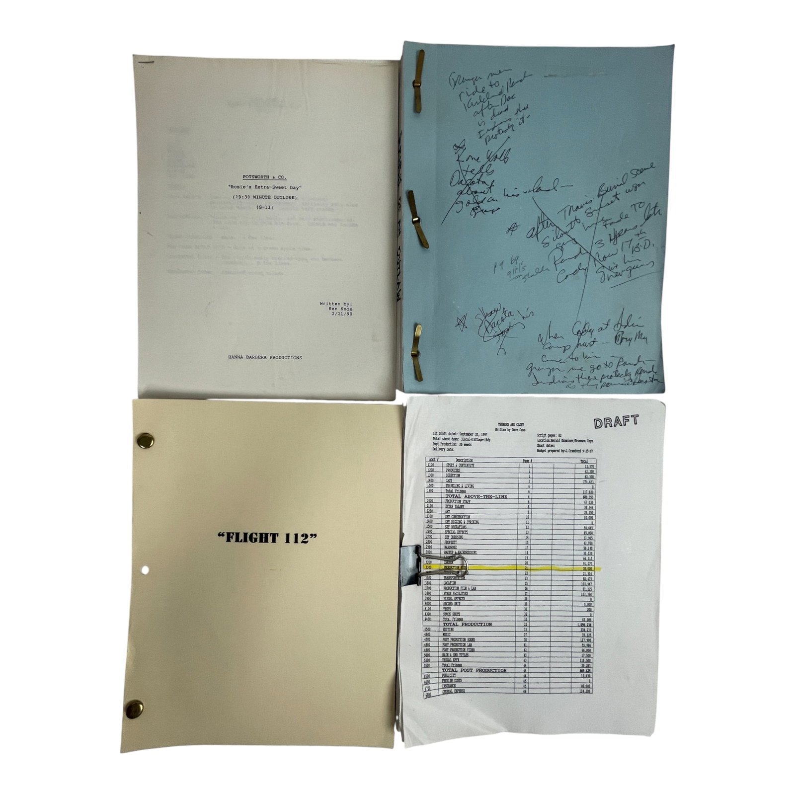Vintage TV and Film Scripts Lot: Set of production scripts including Flight 112 and Thunder and Glory. Mixed drafts and annotations. Private collector item.