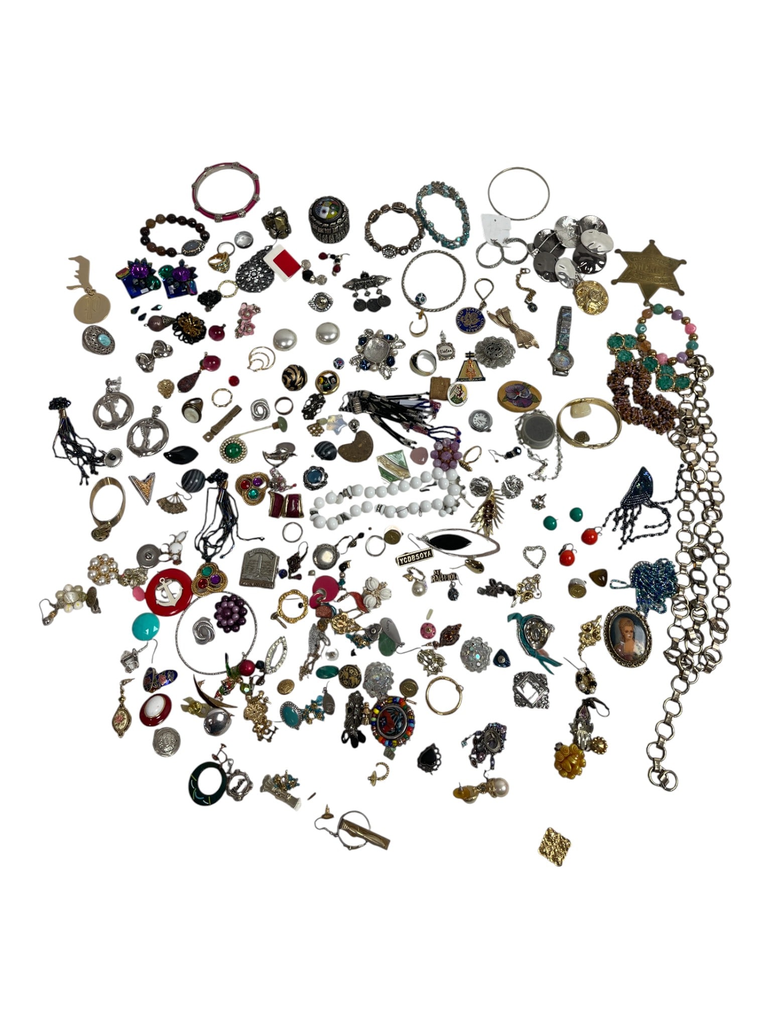 Assorted Vintage Necklaces and Costume Jewelry: Collection of costume jewelry featuring necklaces, pendants, earrings, and bracelets. Includes colorful beaded strands, enamel and metalwork, and statement pieces.