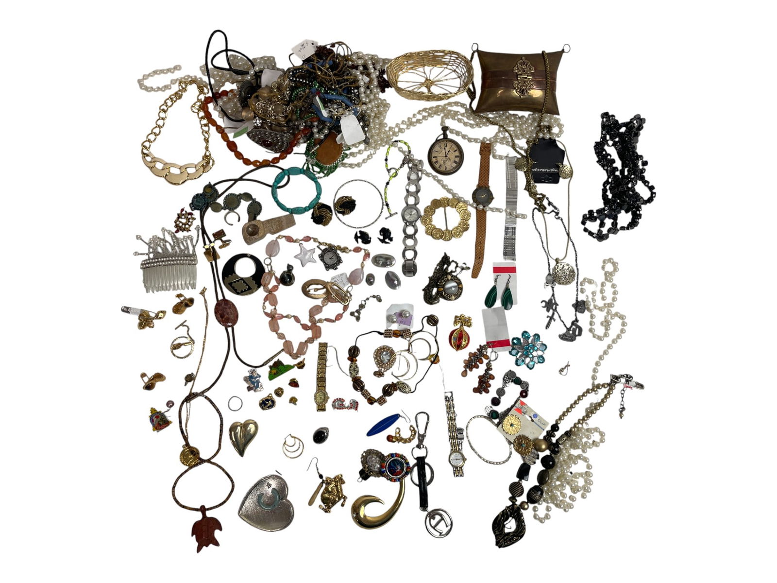 Assorted Vintage Necklaces and Costume Jewelry: Collection of costume jewelry featuring necklaces, pendants, earrings, and bracelets. Includes colorful beaded strands, enamel and metalwork, and statement pieces.