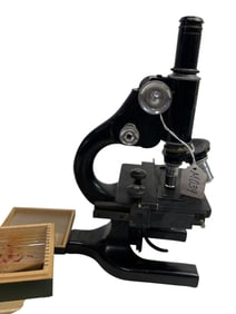 Vintage Grey Microscope with Wooden Case