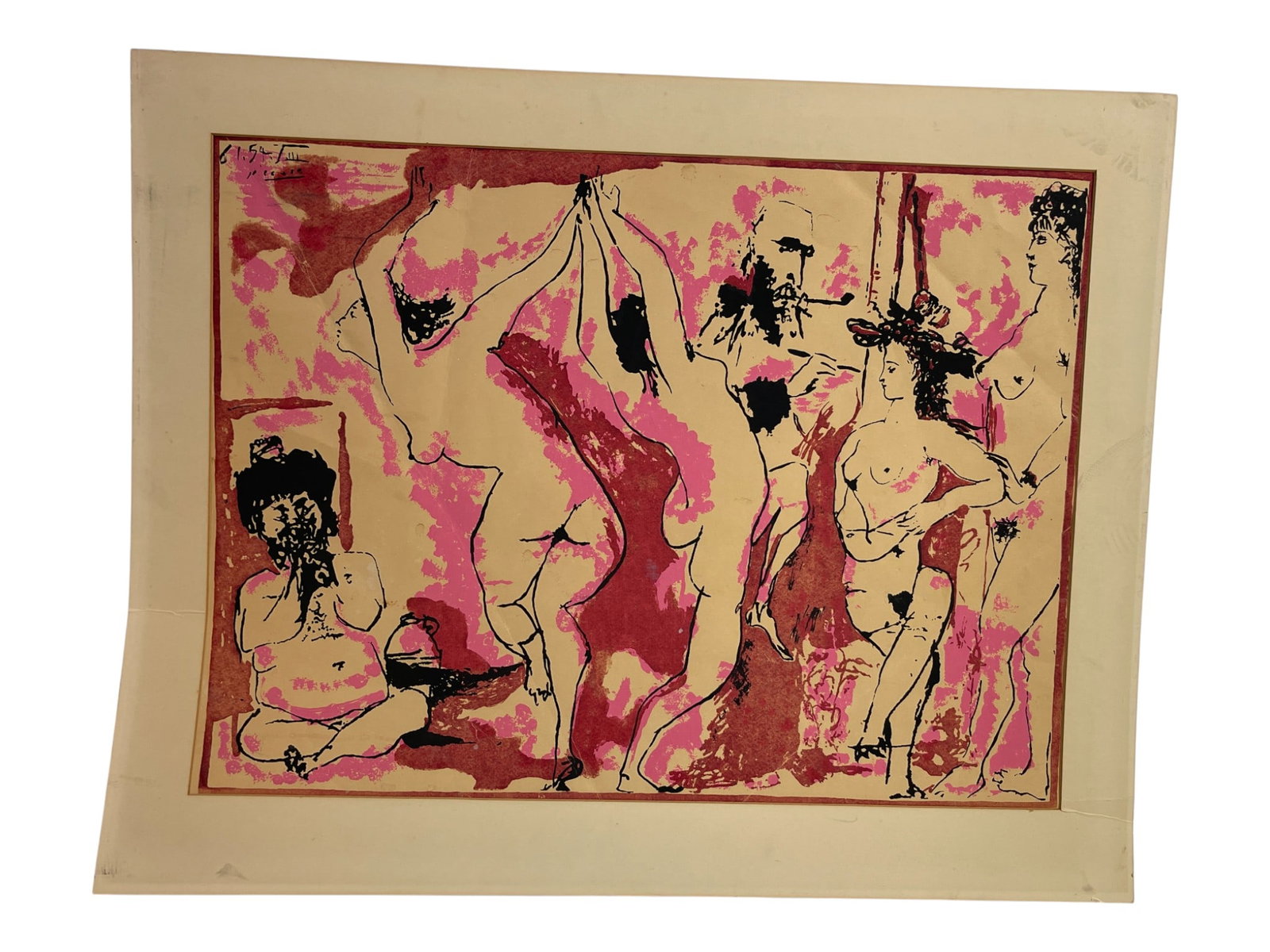 Expressionist Nude Composition Lithograph, Signed Picasso: Expressionist Nude Composition Lithograph, Signed Picasso featuring a group of nude figures in pink and red tones, signed and inscribed upper left. Unframed, with minor edge wear and toning. .