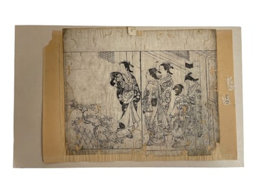 Early Japanese Woodblock Print, Courtyard Scene with Geisha