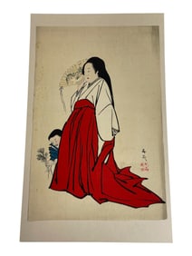 Antique Japanese Woodblock Print, Woman in Red Kimono with Fan
