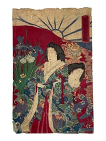 Antique Japanese Woodblock Print, Two Women with Irises