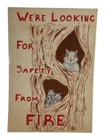 Vintage Illustration Art Hand-Painted Fire Safety Poster with Cats