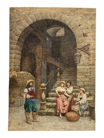 J.L. Gerome (Italian, 19th Century) Watercolor of Courtyard Scene