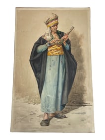 Orientalist Watercolor of an Arab Man with Flintlock, Signed and Dated 1883
