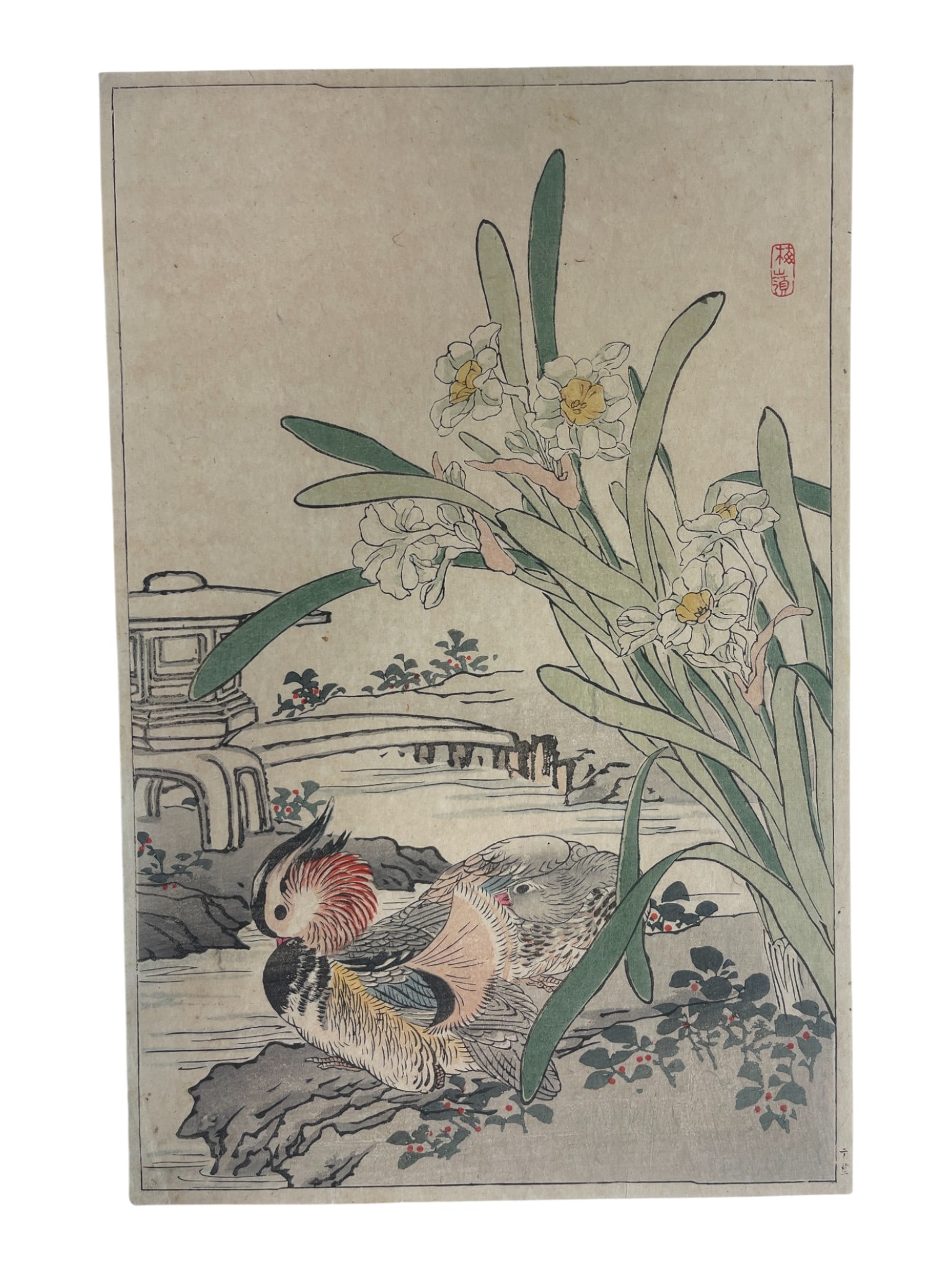 Japanese Woodblock Print of Mandarin Ducks and Narcissus Flowers: Delicate Japanese woodblock print depicting a pair of Mandarin ducks beside narcissus blooms in a garden setting. Artist seal lower right. Fine impression with subtle color gradation; unframed.