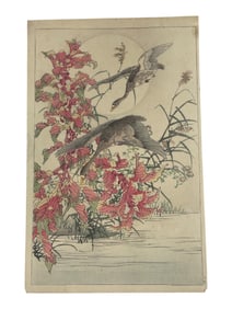 Japanese Woodblock Print of Geese Over Autumn Foliage
