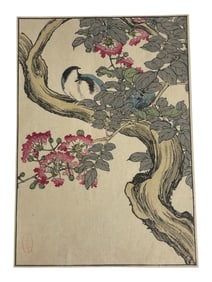 Japanese Woodblock Print of Birds on a Blossoming Tree Branch
