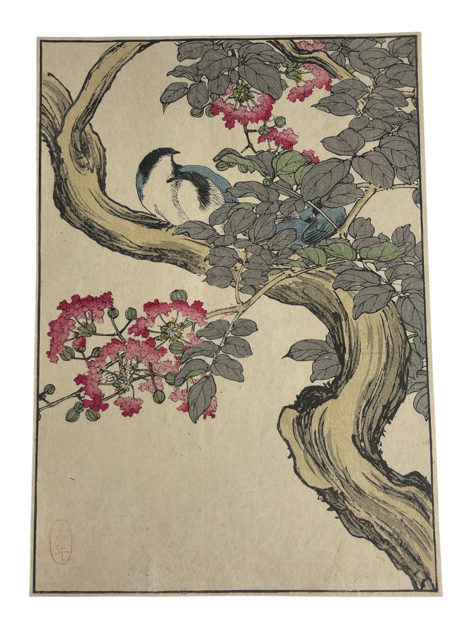 Japanese Woodblock Print of Birds on a Blossoming Tree Branch (1 of 6)