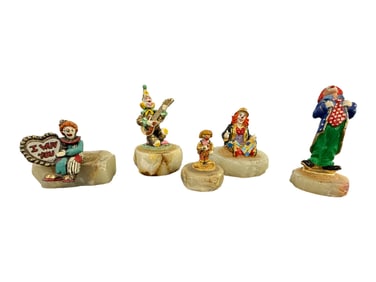 Set of 5 Hand-Painted Circus Clown Figurines on Stone Bases