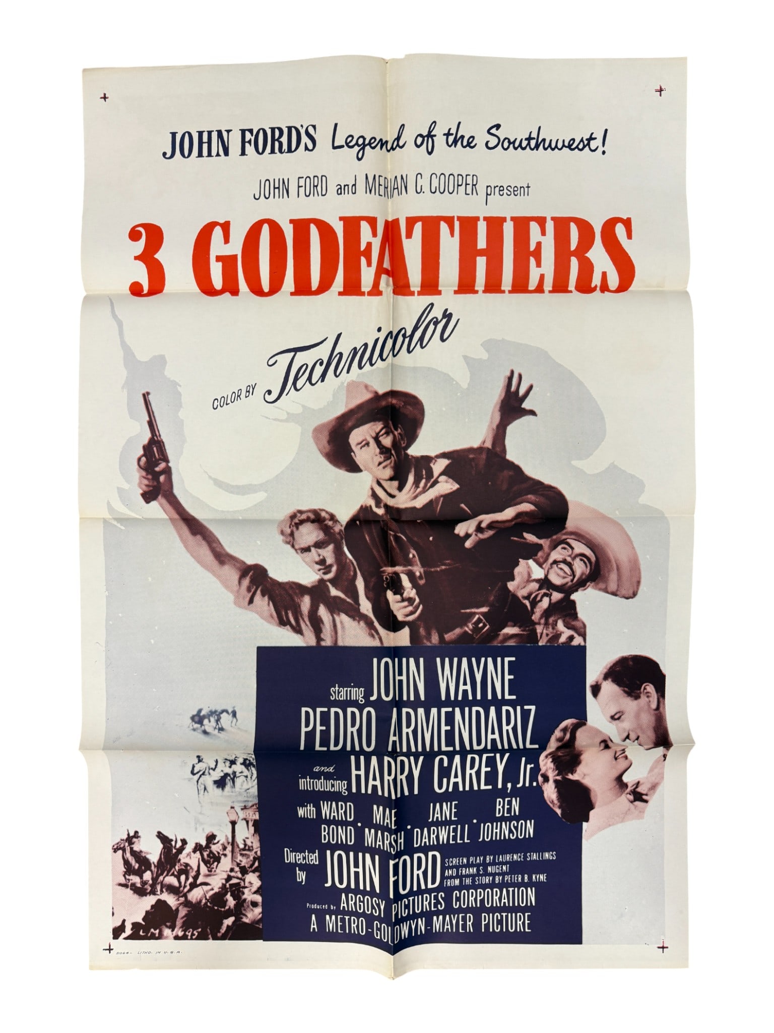 Vintage Movie Poster 3 Godfathers (1948 John Wayne Western Poster): Original MGM one-sheet poster for '3 Godfathers,' directed by John Ford and starring John Wayne. Classic Technicolor western artwork. Folded as issued with minor handling wear.