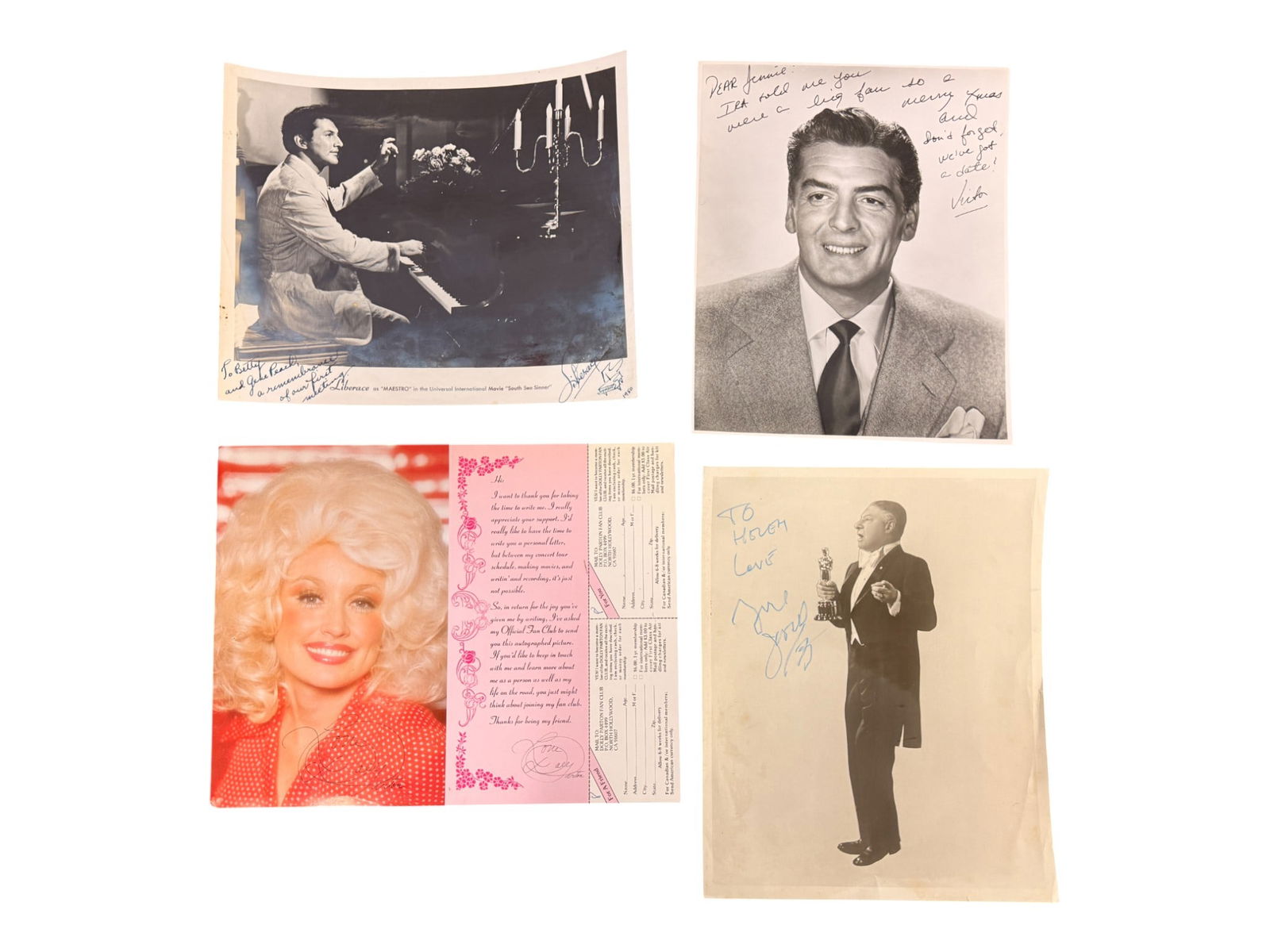 Group of 4 Signed Celebrity Photos – Dean Martin, Liberace, etc.: Collection of four autographed photographs including Dean Martin, Liberace, Victor Mature, and Dolly Parton facsimile signature card. Classic mid-century entertainment memorabilia with inscriptions.