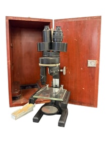 Vintage Binocular Microscope with Wooden Case