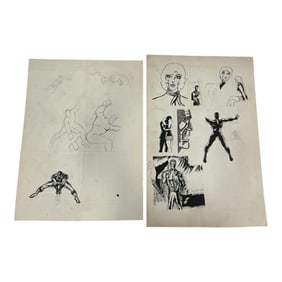 Pair of Comic Art Design Sheets – Character Studies and Action Panels