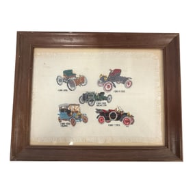 Framed Textile Embroidery of Early Ford Automobiles
