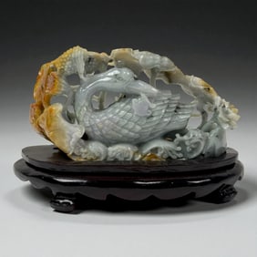 Finely Carved Jade Waterfowl Among Lotus