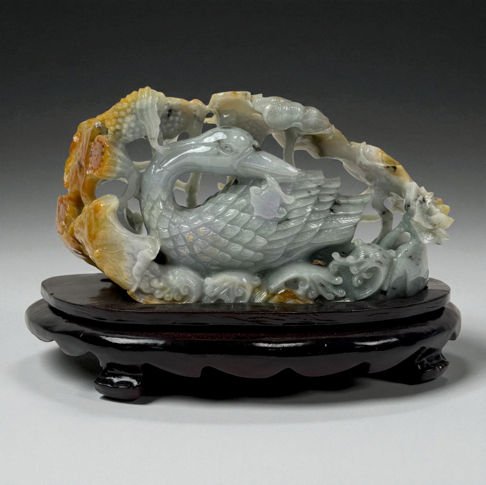 Finely Carved Jade Waterfowl Among Lotus