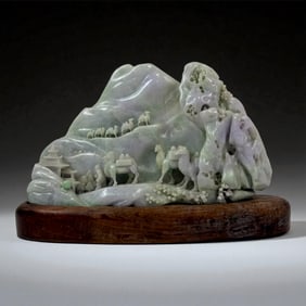Chinese Jade Mountain Scene with Camel Caravan