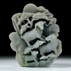 Jade Carving of Goats Beneath Pine Trees