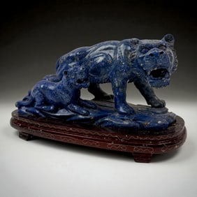 Chinese Hand Carved Lapis Lazuli Carving of Tiger and Cub