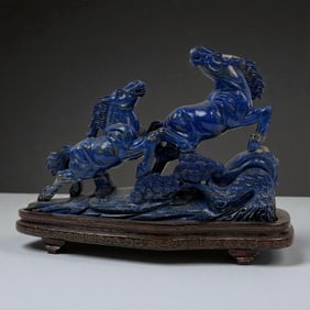 Chinese Hand Carved Lapis Lazuli Two-Horse Carving on Rocky Base