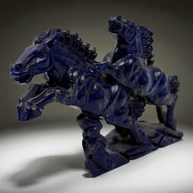 Chinese Hand Carved Dark Lapis Lazuli Carving of Two Horses