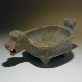 Guanacaste-Nicoya Jade-Like Stone Vessel with Monkey Head Handles, 100 CE - 500 CE