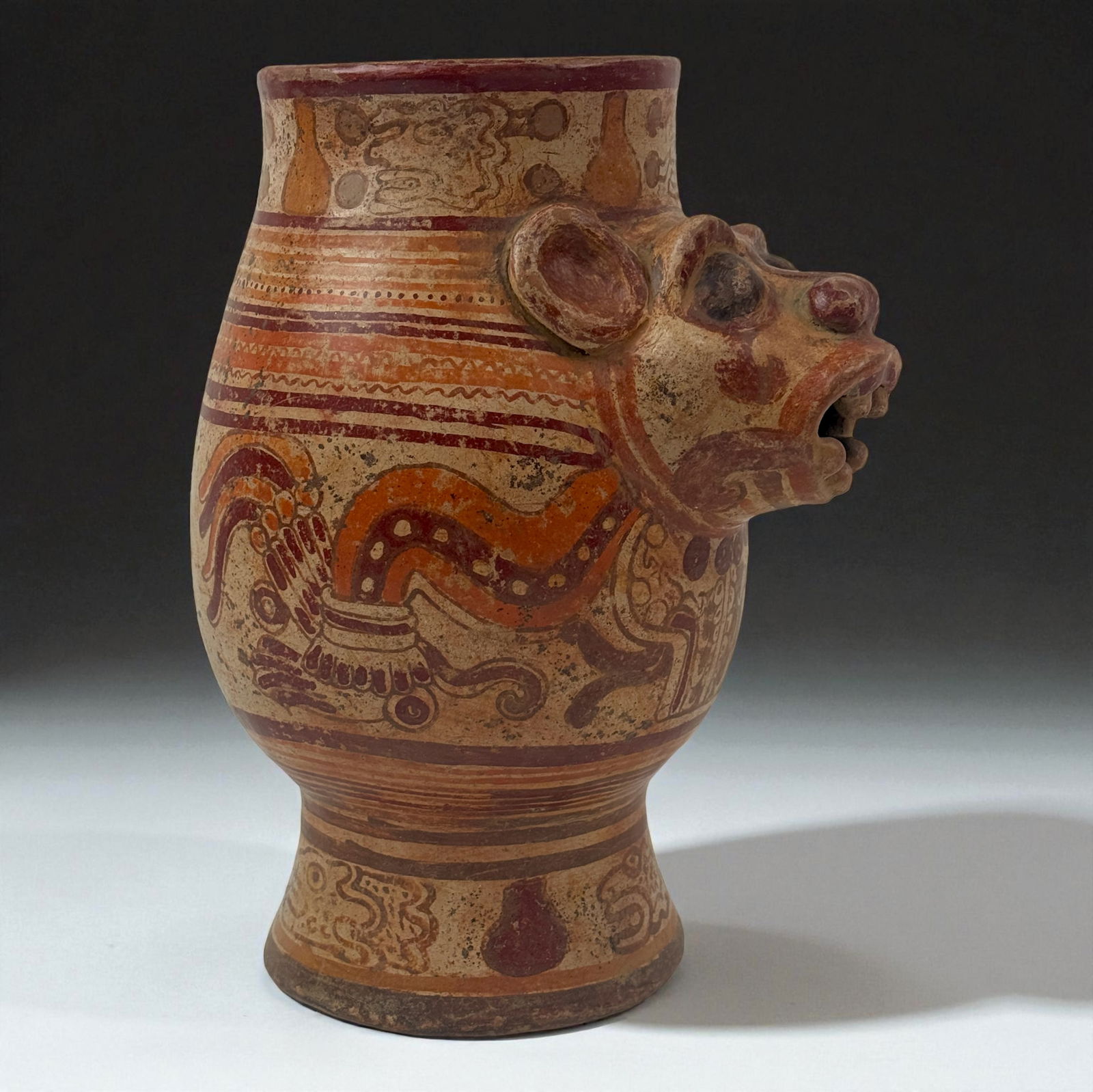 Pre-Columbian Mayan Style Polychrome Vessel with Jaguar Head (1 of 8)
