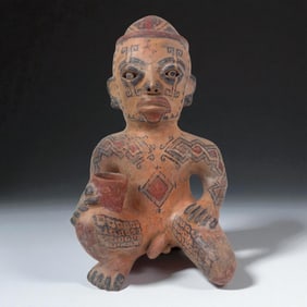 Mayan Style Polychrome Seated Figure Holding Cup