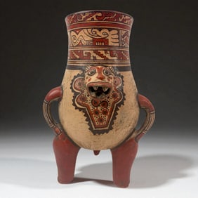 Mayan Style Polychrome Jaguar Head Vessel