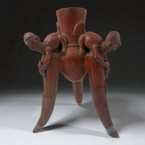 Pre-Columbian Mayan Style Tripod Vessel with Human Figures