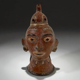 Pre-Columbian Terrcaotta Polychrome Head Vessel