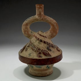 Pre Columbian Terrcaotta Stirrup Spout Vessel with Lizard