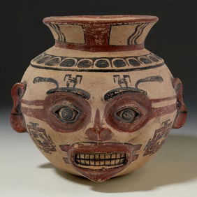 Pre-Columbian Terrcaotta Polychrome Face Vessel