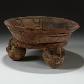 Pre-Columbian Mayan Style Tripod Bowl with Human Head Supports