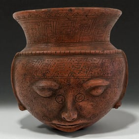 Mayan Style Incised Face Jar