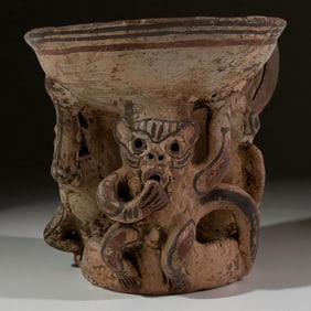Mayan Style Terracotta Monkey?Motif Ritual Vessel