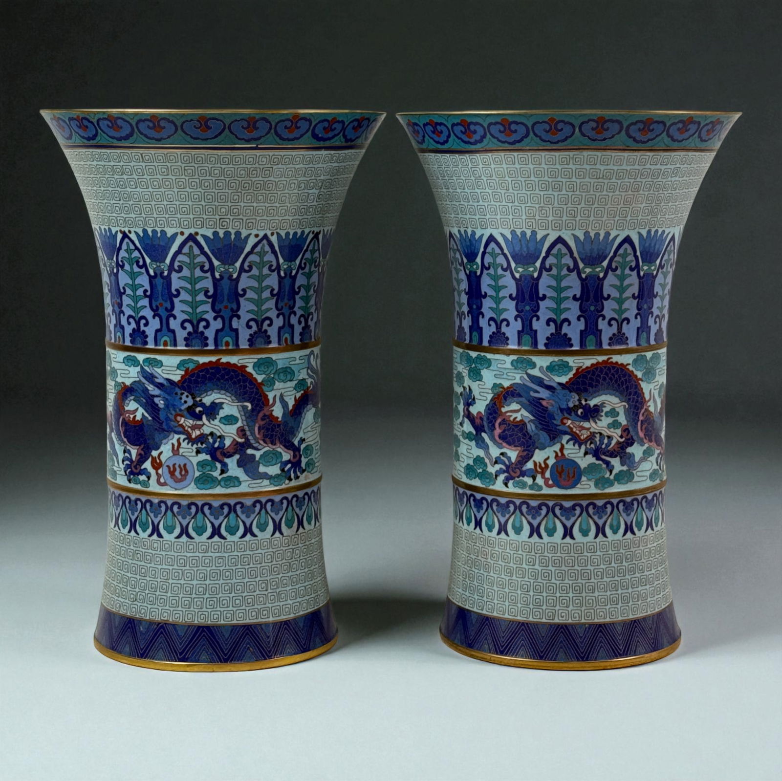 Pair of Chinese Cloisonne Trumpet Form Vases Blue Dragon Motif (1 of 10)